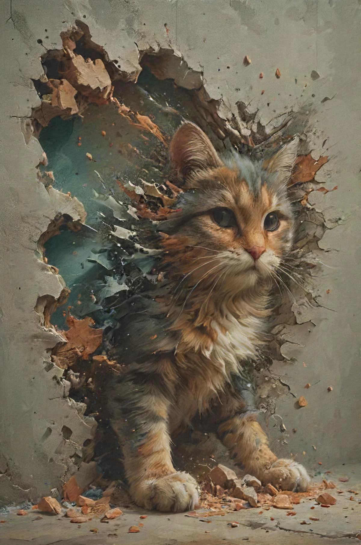 a sneezing cat ripping the wall apart because the color sucks! , <lora:Emergence:0.5>, <lora:Street_Art:0.6>, <lora:ral-dissolve:0.8>, <lora:SDXL - Style - EldritchRomanceIllustration1.3.1:0.4>, <lora:- SDXL - vanta-black_contrast_V3.0:0.2> <lora:20240322-1711051399194:0.4> <lora:SDXL - Style - pixel_art_3drender:0.7> <lora:Fantasy_Monsters_XL:0.2> <lora:Futuristic_Retro_Vibes:0.4>