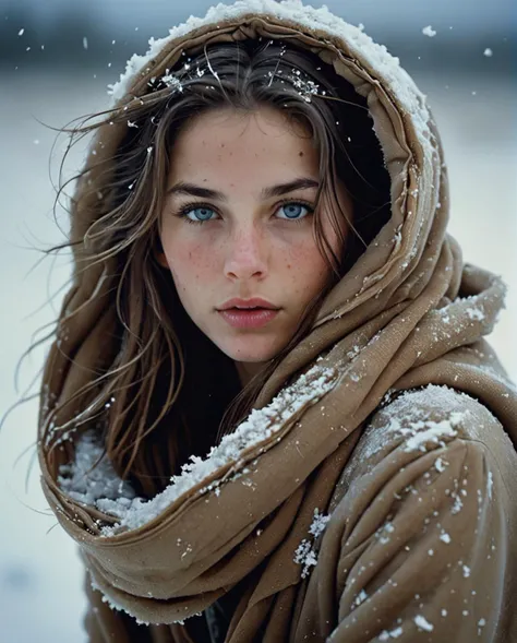 Lying on the ground, hidden behind a blue felt scarf and a large mink fur hood, you can see a young woman with slanted black eyes, open coat, some strands of hair being lifted by the wind, icy environment, snow on the face, cold, full body image, (Steve McCurry, Annie Leibovitz), high contrast, side light, ocher tones, photographic quality, 4K