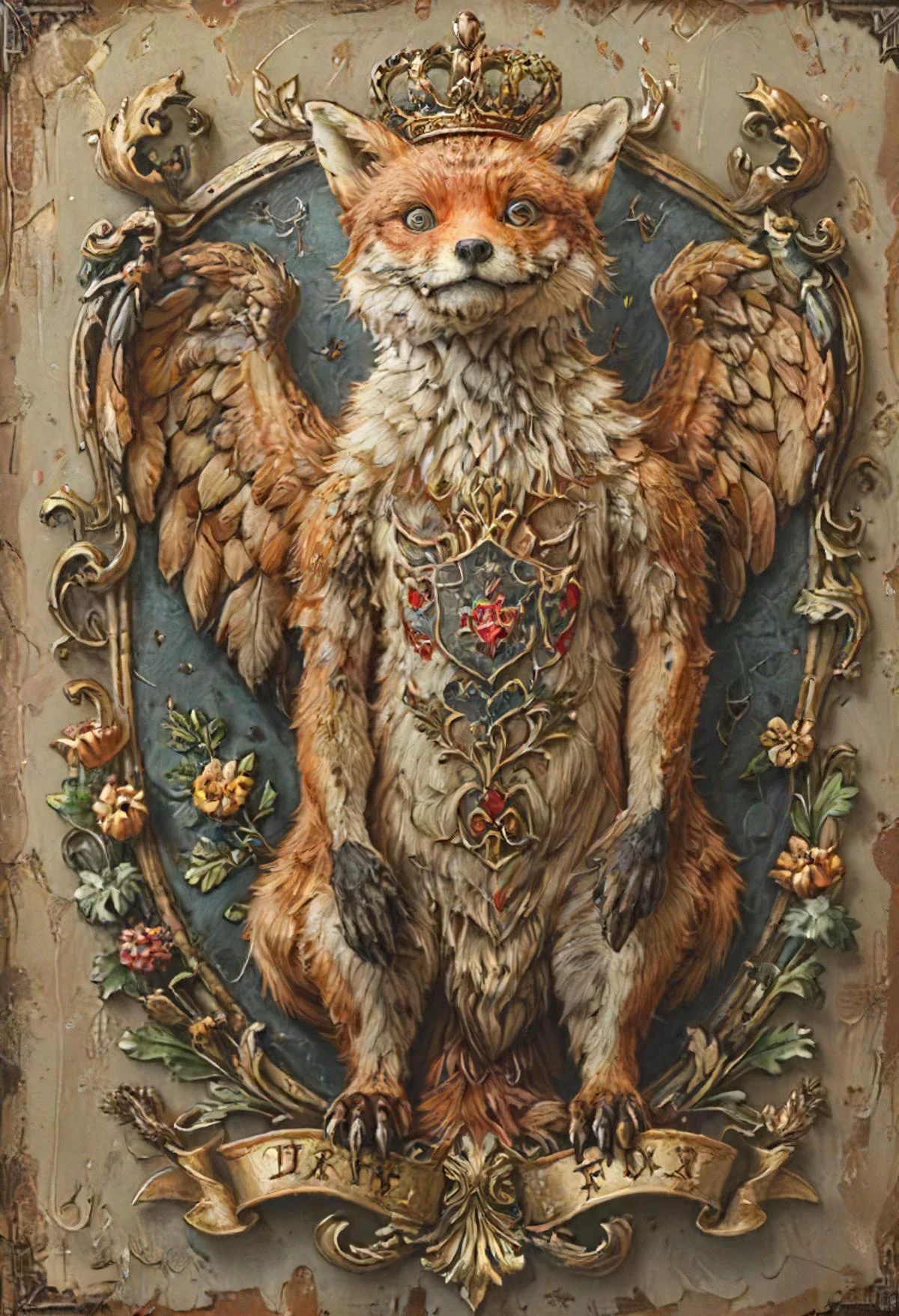 Coat of Arms of the house of the (derpy fox:1.1), centered, symbol of high status, style, intricate, 8k, detailed, symmetrical, <lora:tbh227-sdxl:0.9>, <lora:- SDXL - stnerfx _Stoned_Fox_Style_V4.0:0.8>