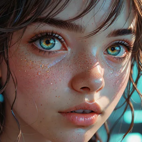 hyper realistic detailed, portion, close-up of a girl's eyes, light eyes, dark complexion, hair over the eyes, low angle, high contrast, shadows, neon reflections, 3D rendering, manga, Anna Dittmann