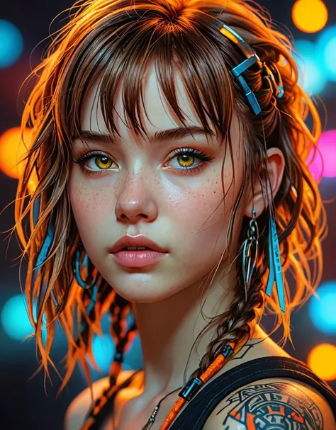 manga style, detailed hyperrealistic style, hyperdetailed portrait of a girl, profile, low angle, lowered head, cyberpunk, (Mindful Machine Art style, Anna Dittmann), geometric tattoos, perfect orange eyes, direct gaze, piercing, bright colors, very contrast high, side lighting, Rembrandt lighting, brown hair with dreadlocks, medium long hair, straight bangs, hair covering half of the face, background with neon graffiti, hyper realistic, 3D rendering, 4K