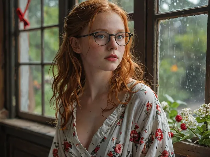 Hyperrealistic art 19yo redhead girl, shy smile, black 1950's style Horn-rimmed glasses, black eyeshadow, red lipstick, looking down, eyes closed, old farm house, wearing only a sheer silk white flowered robe that is open in front, full body shot, epic shot, looking out a window from a bedroom, raining outside, sunbeams though a window, deep shadows, candles, ribbons, flowers, <lora:add-detail-xl:0.8> <lora:LowRA_v2:0.7> <lora:skindetailpxl:0.8> skindetailpxl <lora:OverallDetailXL:0.7> OverallDetailXL . Extremely high-resolution details, photographic, realism pushed to extreme, fine texture, incredibly lifelike,