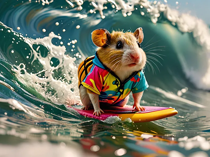 hamsterwearing surfing a big wave wearing colorful surfer shorts <lora:add-detail-xl:1> <lora:MJ52:0.6>