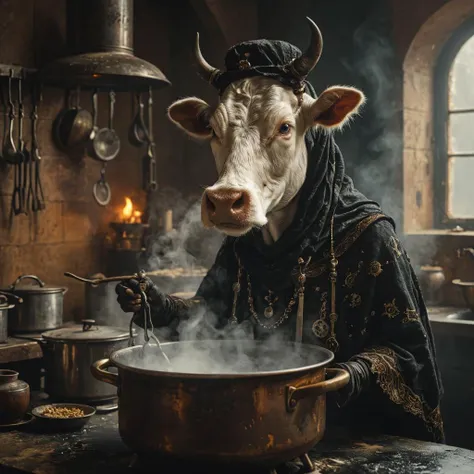 Steampunk, an old humanoid female cow with a shawl on its head standing in the kitchen stirring steaming food in a pot, midjourneyv6.1, retrofuturistic science fantasy, steam-powered tech, vintage industry, gears, neo-victorian, steampunk, gothic style an old humanoid female cow with a shawl on its head standing in the kitchen stirring steaming food in a pot, midjourneyv6.1 . dark, mysterious, haunting, dramatic, ornate, detailed