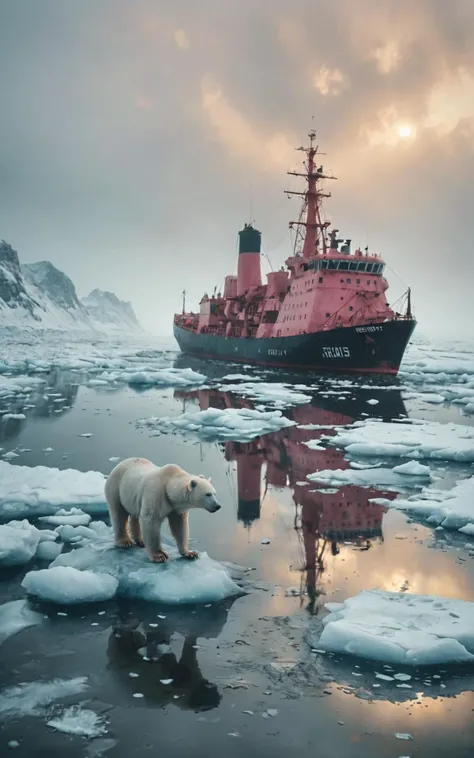 above view:1.2,leica summicron 35mm f5.6.0,kodak portra 400,film grain,fine art photography shot of A pink nuclear-powered icebreaker sails through the Arctic Circle,surrounded by the icy landscape,(polar_bear gracefully walk across the frozen terrain:1.5),while the misty haze accentuates the vessel's ice-breaking features,adding to the frigid ambiance,Thick ice sheet:1.5,black water:1.6,in the fog<lora:SDXL_Fog_Sa_May:0.65>,(tealblue and darkgray colors:0.5),groundbreaking unrivaled opus with unrivaled details,cinematic composition,dramatic light,solargram effect<lora:RMSDXL_Enhance:2><lora:RMSDXL_Creative:2><lora:RMSDXL_Darkness_Cinema:2.5><lora:detailed_notrigger:1><lora:MJ52:0.5><lora:DD-pnte-neg-v1:-1.5>,ZIP2D BREAK
