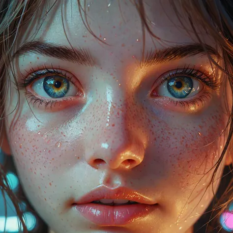 hyper realistic detailed, portion, close-up of a girl's eyes, light eyes, dark complexion, hair over the eyes, low angle, high contrast, shadows, neon reflections, 3D rendering, manga, Anna Dittmann