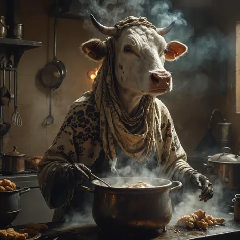 Steampunk, an old humanoid female cow with a shawl on its head standing in the kitchen stirring steaming food in a pot, midjourneyv6.1, retrofuturistic science fantasy, steam-powered tech, vintage industry, gears, neo-victorian, steampunk, astonishing gloomy art made mainly of shadows and lighting, forming an old humanoid female cow with a shawl on its head standing in the kitchen stirring steaming food in a pot, midjourneyv6.1. masterful usage of lighting, shadows and chiaroscuro. made by black-hearted artist, drawing from darkness. best quality, high resolution, surreal painting representing strange vision of an old humanoid female cow with a shawl on its head standing in the kitchen stirring steaming food in a pot, midjourneyv6.1. harmonious madness, synergy with chance. unique artstyle, mindbending art, magical surrealism. best quality, high resolution