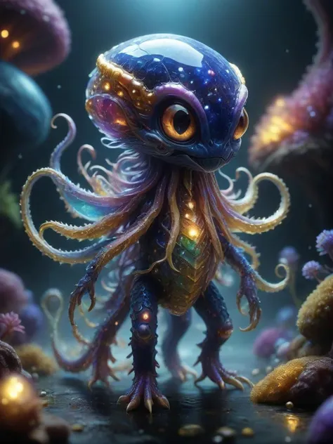 cute and creepy kraken-like alien with fantastical colorful shimmering scales, glowing and whimsical, enchanted and magical background, intricate details, ultra sharp, soft textures, exquisite detail, flawless composition, vivid colors, masterpiece, highest quality, extremely detailed CG unity 8k wallpaper <lora:stardustsapphire:0.8> reij-strsphr