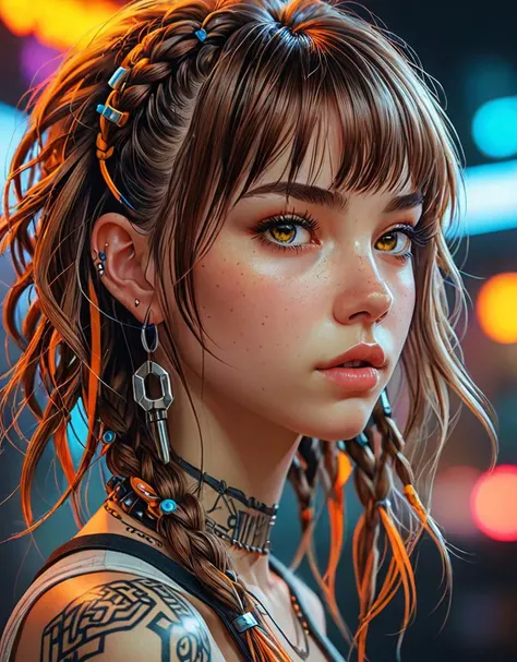 manga style, detailed hyperrealistic style, hyperdetailed portrait of a girl, profile, low angle, lowered head, cyberpunk, (Mindful Machine Art style, Anna Dittmann), geometric tattoos, perfect orange eyes, direct gaze, piercing, bright colors, very contrast high, side lighting, Rembrandt lighting, brown hair with dreadlocks, medium long hair, straight bangs, hair covering half of the face, background with neon graffiti, hyper realistic, 3D rendering, 4K