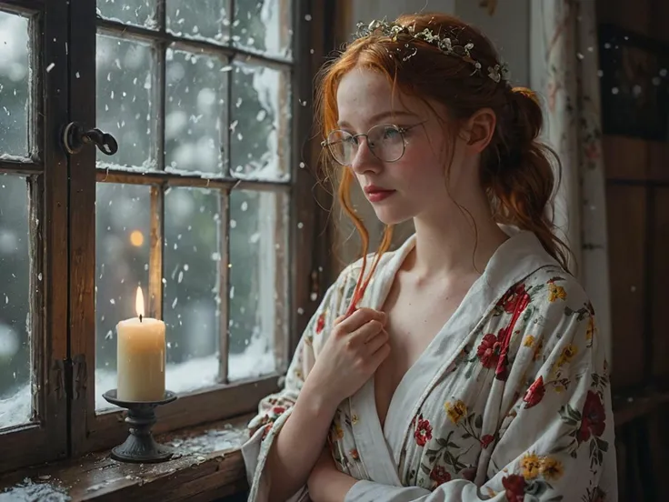 Hyperrealistic art 19yo redhead girl, shy smile, black Horn-rimmed glasses, black eyeshadow, red lipstick, looking down, eyes closed, old farm house, wearing only a sheer silk white flowered robe that is open in front, full body shot, epic shot, wide shot, looking out a window from a bedroom, snowing outside, sunbeams though a window, deep shadows, candles, ribbons, flowers, sharp image, 8k resolution, <lora:add-detail-xl:0.8> <lora:LowRA_v2:0.7> <lora:skindetailpxl:0.8> skindetailpxl <lora:OverallDetailXL:0.7> OverallDetailXL . Extremely high-resolution details, photographic, realism pushed to extreme, fine texture, incredibly lifelike,