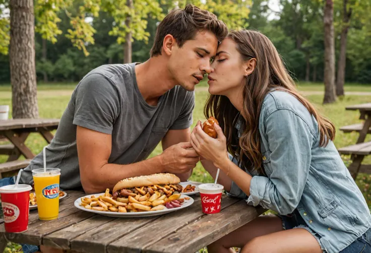 A young man sitting at a picnic table with his girlfriend sitting on his lap, sucking on chili dogs and he's got his hand dangling between her knees