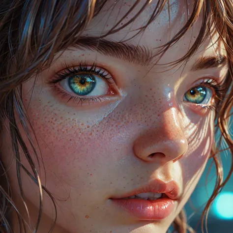 hyper realistic detailed, portion, close-up of a girl's eyes, light eyes, dark complexion, hair over the eyes, locks of hair on the face, low angle, high contrast, shadows, neon reflections, 3D rendering, manga, Anna Dittmann