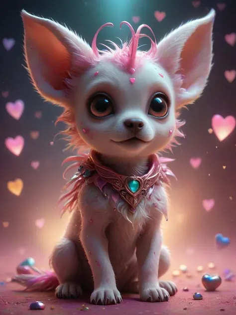 cute and creepy dog-like alien with fantastical colorful mane, glowing and whimsical, enchanted and magical background, intricate details, ultra sharp, soft textures, exquisite detail, flawless composition, vivid colors, masterpiece, highest quality, extremely detailed CG unity 8k wallpaper <lora:heartmiststyle:0.8> pink mist, dimmed light, floating hearts