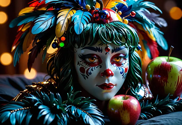 on a dark bokeh background,(feathered bangs:1.5),recognizable characters and objects,jester cap,jaggedly,absolve,symbolizing, creativity, and, the, power, of, art,There, a, glass, Apple, sculpture,adding, pops, of, color, to, the, scene., The, atmosphere, is, peaceful,Jotun22,determined, eyes,(huge, flora:, 1.1),exposed breasts close up bellybutton (arched back) head on pillow,back view, medium shot seen from below,side lit