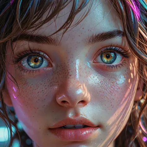 hyper realistic detailed, portion, close-up of a girl's eyes, light eyes, dark complexion, hair over the eyes, locks of hair on the face, low angle, high contrast, shadows, neon reflections, 3D rendering, manga, Anna Dittmann