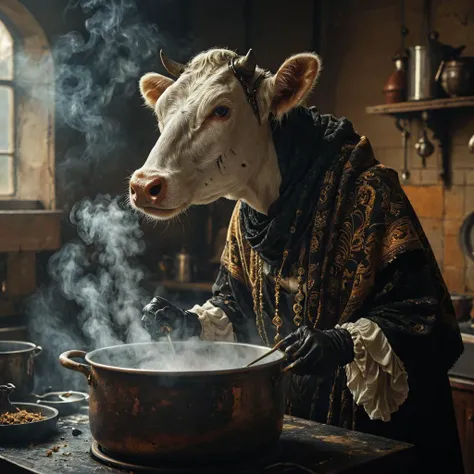 Steampunk, an old humanoid female cow with a shawl on its head standing in the kitchen stirring steaming food in a pot, midjourneyv6.1, retrofuturistic science fantasy, steam-powered tech, vintage industry, gears, neo-victorian, steampunk, gothic style an old humanoid female cow with a shawl on its head standing in the kitchen stirring steaming food in a pot, midjourneyv6.1 . dark, mysterious, haunting, dramatic, ornate, detailed