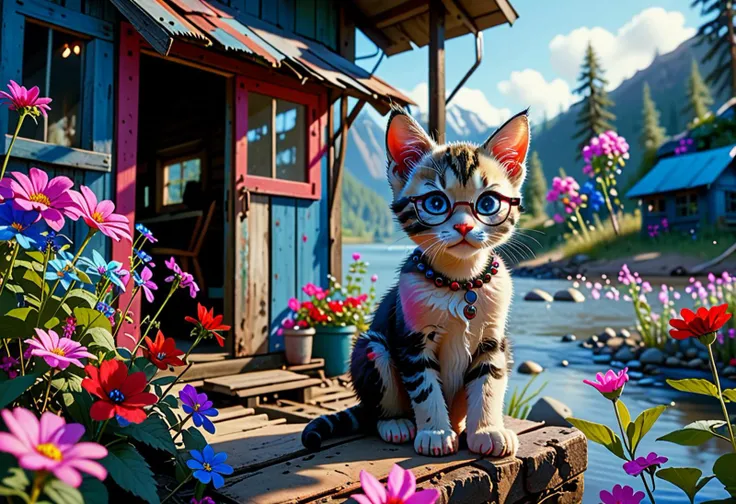 glancing over her glasses,pile,peaceful shack on the side of a river,unreal engine,a boy sitting on top of a cat,tippy toes,beautiful red blue and pink flowers,bright eyes,Cuff earrings,chromatic aberration,Home is behind