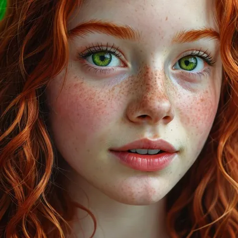 Hyperrealistic art 19yo Redhead girl, long wavy hair, black eyeshadow, mascara, lipstick, (freckles:0.7), mouth slightly open, looking at viewer, shy smile, green eyes, . Extremely high-resolution details, photographic, realism pushed to extreme, fine texture, incredibly lifelike,