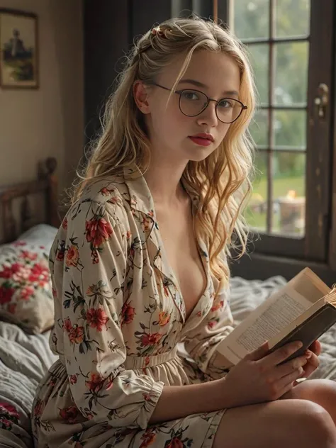 Hyperrealistic art 19yo blonde girl, shy smile, black 1950's style glasses, black eyeshadow, red lipstick, looking down, eyes closed, old farm house, sitting on a bed, sheer pajamas open in front, full body shot, epic shot, reading a book, knees up, sunbeams though a window, deep shadows, candles, ribbons, flowers, <lora:add-detail-xl:1> <lora:LowRA_v2:0.7> <lora:skindetailpxl:0.8> skindetailpxl . Extremely high-resolution details, photographic, realism pushed to extreme, fine texture, incredibly lifelike,