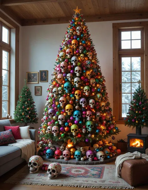 A Christmas tree in a cozy living room with a fireplace <lora:Colorful_Skulls_-_World_Morph:0.25> C0L0RFUL5KULLZ, made of colorful skulls, made of colorful little skulls
