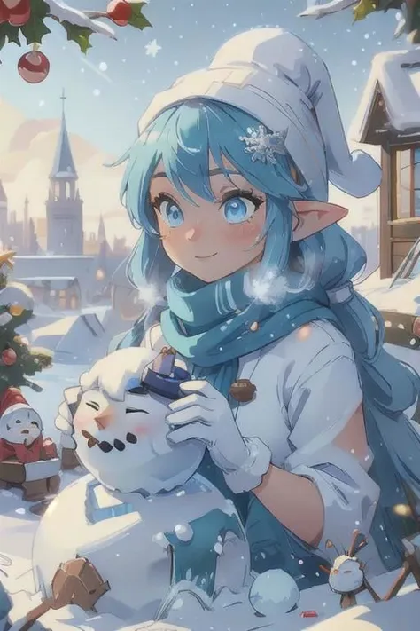 (masterpiece, top quality, best quality, official art, beautiful and aesthetic:1.2),1girl, Christmas elf, blue Christmas costume, blue Christmas hat, chibi, blue hair , blue gloves , blue scarf, happy,outside, (building a snowman:1.2) <lora:ChristmasDecorativeStyle:0.6>