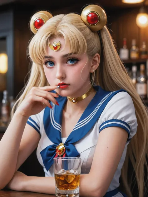 (Painted Anime), painterly anime artwork, painterly anime art, painterly, anime art, (masterpiece), 4k, best quality, (((Sailor Moon clearly exhausted from her life and smoking a cigarette and drinking hard liquor in a bar to try to forget her sorrows))), ((big dark circles)), blue brilliant eyes, long blonde hair, pigtails, masterpiece, fine details, breathtaking artwork, painterly art style, high quality, 8k, very detailed, high resolution, exquisite composition and lighting