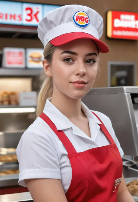 Very feminine Candid close up highly detailed and realistic photograph of young Fast food worker, McDonald's worker, Wendy's worker. Working counter taking orders. Face is the perfect mix of young Billie Eilish, young Paris Hilton, young Ellen Page. Apron, hat, ponytail, nametag, name tag. 8k quality, lots of detail. Serving food. Dunkin donuts, Starbucks, Burger King, panda express. Visor, drive thru Headset. Words, writing. Bust restaurant, waitress, diner, coffeeshop, cafe. Heavy eyeliner, thick eyeliner. intermammary sulcus, plunging neckline, mammaries, décolleté. Revealing clothes, flirty atmosphere. Provocative attire, promiscuously dressed, uniform, scantly clad, short, unbuttoned, indecent flimsy uniform, chesty, curvey, stacked, buxom , casual photo