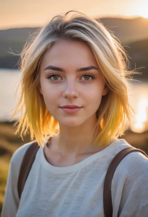 Generate a high-resolution, detailed, and colorful image that captures an 18-year-old Girl from UK with a Rachel Cut hairstyle and sun-yellow tinted hair. Her youthful energy and vibrant character should be particularly emphasized, making her the radiant centerpiece of the image. The background should depict a captivating landscape or scene that draws the viewer's attention to the girl. Optimize the lighting and composition to make the image particularly appealing and aesthetically pleasing. The image should be a masterful digital painting reminiscent of the quality and style of renowned artists.
