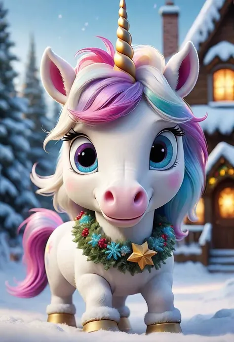 Create a heartwarming narrative that revolves around the most adorable fluffy cartoon unicorn, as he embarks on a magical journey through a winter wonderland. Detail his interactions with other winter creatures, the challenges he faces, and the joyous moments he experiences.
 intense, photorealistic lighting and cinematic lighting quality,  (sharp focus), backlighting, photo realistic, highly  detailed,
a colorized photo, RAW format, 8K photorealistic image, superflat, 4k, ultra hd, high resolution , UHD, shot with a professional DSLR camera like Fujifilm XT3, Sony A7IV, Nikon D850, Sony A9 II, Canon EOS R5,
The final image should be a professional, award-winning masterpiece with (sharp focus:1.2),, (intricately detailed, hyperdetailed), HDR, (extremely detailed 8k wallpaper), high quality, intense, intricate, highly detailed, octane render, fine detail, ultra realistic, crisp, super sharp, studio quality, masterpiece, best quality, UHD, Film grain, photorealistic, trending on cg society