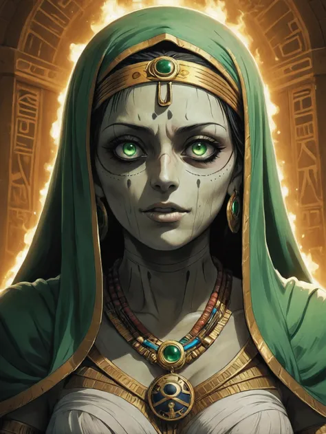 ((Painted Anime)), ((One Piece art style)), painterly anime artwork, Female Mummy, glowing green eyes, scary, dusty, ancient Egyptian, masterpiece, fine details, breathtaking artwork, painterly art style, high quality, 8k, very detailed, high resolution, exquisite composition and lighting