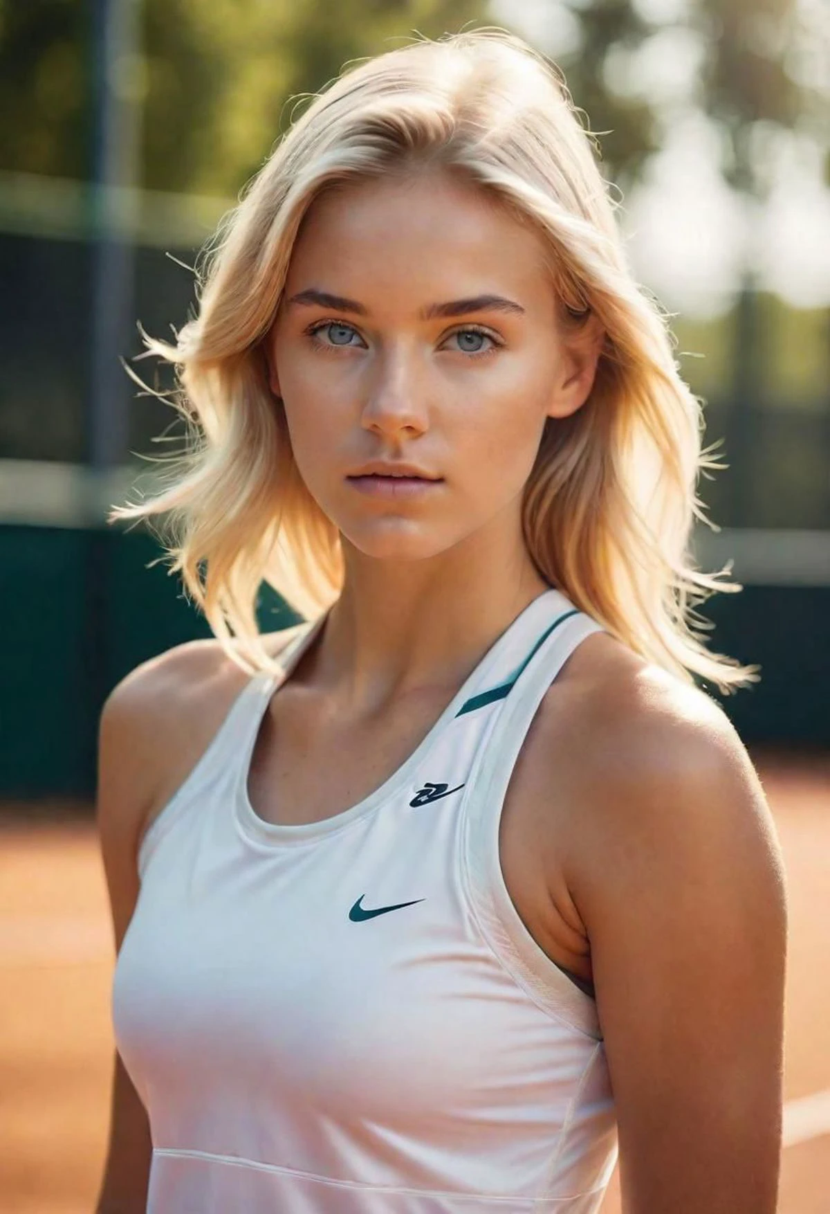 a picture of a beautiful blonde 20 years old woman, on a tennis gravel court in tennis outfit,
intense, photorealistic lighting and cinematic lighting quality, (sharp focus), backlighting, photo realistic, highly detailed,
a colorized photo, RAW format, 8K photorealistic image, superflat, 4k, ultra hd, high resolution , UHD, shot with a professional DSLR camera like Fujifilm XT3, Sony A7IV, Nikon D850, Sony A9 II, Canon EOS R5,
The final image should be a professional, award-winning masterpiece with (sharp focus:1.2),, (intricately detailed, hyperdetailed), HDR, (extremely detailed 8k wallpaper), high quality, intense, intricate, highly detailed, octane render, fine detail, ultra realistic, crisp, super sharp, studio quality, masterpiece, best quality, UHD, Film grain, photorealistic, trending on cg society