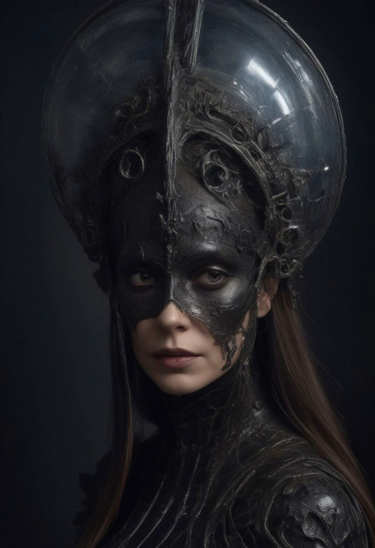 Space empress Zogrina from planet Tlallax in the Andromeda galaxy contemplating her empire from the windows of her galactic spaceship, avant-garde latex armor, eldritch hat, indoors, inside a spaceship, ominous expression, Dark art in the style of Giger and Nicola Samori