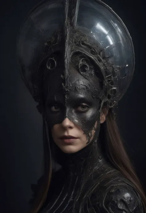 Space empress Zogrina from planet Tlallax in the Andromeda galaxy contemplating her empire from the windows of her galactic spaceship, avant-garde latex armor, eldritch hat, indoors,  inside a spaceship, ominous expression, Dark art in the style of Giger and Nicola Samori