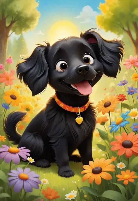 Compose a serene and captivating tale centered around the endearing fluffy cartoon black dog as he ventures through a radiant summer wonderland. Envision a landscape where vibrant flowers sway gracefully in the warm breeze, the sun casts a golden hue on everything it touches, and the gentle hum of nature creates a harmonious backdrop. Illustrate his delightful escapades, encounters with whimsical summer creatures, and the palpable sense of warmth, happiness, and adventure that defines this sun-kissed paradise
 intense, photorealistic lighting and cinematic lighting quality,  (sharp focus), backlighting, photo realistic, highly  detailed,
a colorized photo, RAW format, 8K photorealistic image, superflat, 4k, ultra hd, high resolution , UHD, shot with a professional DSLR camera like Fujifilm XT3, Sony A7IV, Nikon D850, Sony A9 II, Canon EOS R5,
The final image should be a professional, award-winning masterpiece with (sharp focus:1.2),, (intricately detailed, hyperdetailed), HDR, (extremely detailed 8k wallpaper), high quality, intense, intricate, highly detailed, octane render, fine detail, ultra realistic, crisp, super sharp, studio quality, masterpiece, best quality, UHD, Film grain, photorealistic, trending on cg society