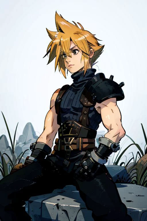 close-up,
cloud strife, shoulder armor, sleeveless turtleneck, suspenders, belt, baggy pants, gloves, bracer, boots,
(detailed landscape, vegetation:1), monochrome, greyscale, ink, white background,
(masterpiece:1.2), (best quality, highest quality), (ultra detailed), (8k, 4k, intricate), (highly detailed:1.2),(detailed face:1.2), detailed_eyes,(gradients),(ambient light:1.3),(cinematic composition:1),Accent Lighting,extremely detailed,original, highres,(perfect_anatomy:1.2),