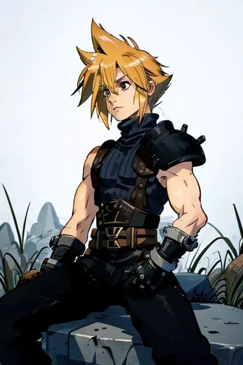 close-up, 
cloud strife, shoulder armor, sleeveless turtleneck, suspenders, belt, baggy pants, gloves, bracer, boots, 
(detailed landscape, vegetation:1), monochrome, greyscale, ink, white background,
(masterpiece:1.2), (best quality, highest quality), (ultra detailed), (8k, 4k, intricate), (highly detailed:1.2),(detailed face:1.2), detailed_eyes,(gradients),(ambient light:1.3),(cinematic composition:1),Accent Lighting,extremely detailed,original, highres,(perfect_anatomy:1.2),