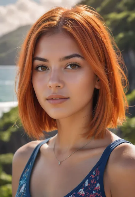 Generate a high-resolution, detailed, and colorful image that captures an 18-year-old Girl from Costa Rica with a Blunt Bob hairstyle and tasty-orange tinted hair. Her youthful energy and vibrant character should be particularly emphasized, making her the radiant centerpiece of the image. The background should depict a captivating landscape or scene that draws the viewer's attention to the girl. Optimize the lighting and composition to make the image particularly appealing and aesthetically pleasing. The image should be a masterful digital painting reminiscent of the quality and style of renowned artists.