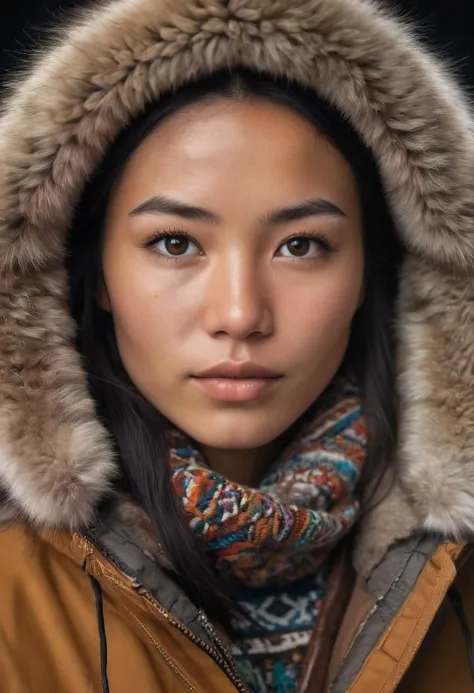 Envision a portrait of a young Greenlandic woman in her early twenties, her features a striking blend of Inuit and Scandinavian heritage. Her skin is a rich, sun-kissed tan, a testament to the long hours spent under the Arctic sun. Strands of golden hair frame her face, contrasting beautifully with her high cheekbones and full, rosy lips. Her eyes are the color of the deep ocean, pools of tranquil wisdom that seem to hold the secrets of the ancient glaciers. They are framed by thick, dark lashes that accentuate their almond shape and captivating gaze. Her nose is straight and slender, a delicate feature amidst the strength of her jawline. She wears a traditional Greenlandic anorak, the intricate beadwork and embroidery creating a vibrant tapestry of colors and patterns against the dark sealskin. The anorak's hood frames her face, lending an air of mystery and intrigue that perfectly complements her enigmatic beauty. In this portrait, she exudes a quiet confidence, a connection to the rugged yet breathtaking landscape of her homeland. Her presence is both ethereal and grounded, a harmonious blend of the ancient and the modern, the harsh and the beautiful â a true daughter of the Arctic, cinematic shot, photo taken by ARRI, photo taken by sony, photo taken by canon, photo taken by nikon, photo taken by hasselblad + incredibly detailed, sharpen, details + professional lighting, photography lighting + 50mm + lightroom gallery + behance photography + unsplash