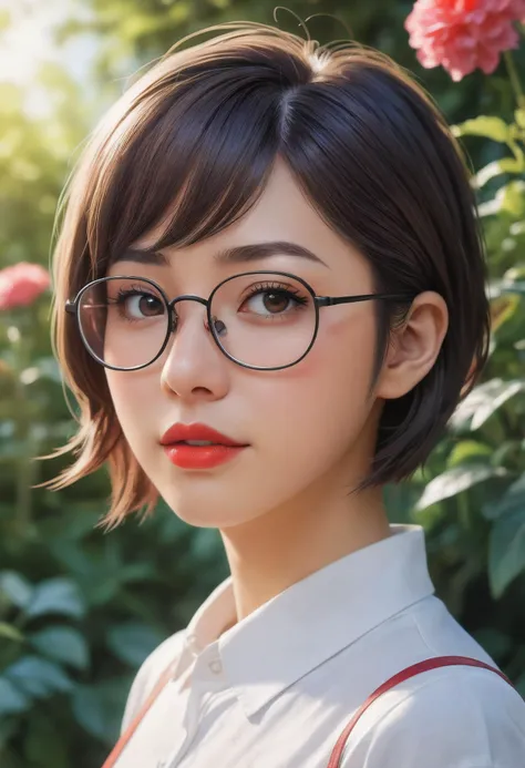 short hair, glasses, red lips, close up , anime masterpiece, soft lighting, intricate, highly detailed, pixiv, anime art, 4k, art from your name anime, garden of words style art, high quality,