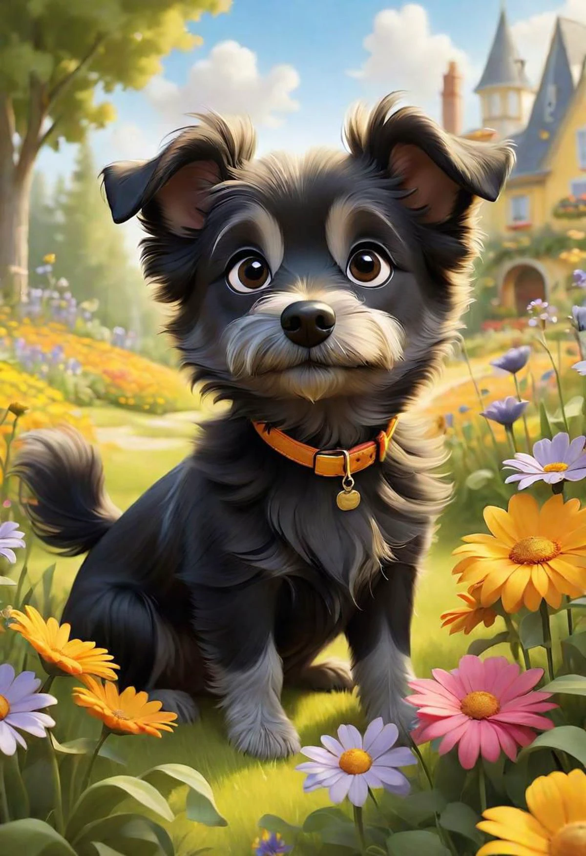 Compose a serene and captivating tale centered around the endearing fluffy cartoon black and grey dog as he ventures through a radiant summer wonderland. Envision a landscape where vibrant flowers sway gracefully in the warm breeze, the sun casts a golden hue on everything it touches, and the gentle hum of nature creates a harmonious backdrop. Illustrate his delightful escapades, encounters with whimsical summer creatures, and the palpable sense of warmth, happiness, and adventure that defines this sun-kissed paradise
intense, photorealistic lighting and cinematic lighting quality, (sharp focus), backlighting, photo realistic, highly detailed,
a colorized photo, RAW format, 8K photorealistic image, superflat, 4k, ultra hd, high resolution , UHD, shot with a professional DSLR camera like Fujifilm XT3, Sony A7IV, Nikon D850, Sony A9 II, Canon EOS R5,
The final image should be a professional, award-winning masterpiece with (sharp focus:1.2),, (intricately detailed, hyperdetailed), HDR, (extremely detailed 8k wallpaper), high quality, intense, intricate, highly detailed, octane render, fine detail, ultra realistic, crisp, super sharp, studio quality, masterpiece, best quality, UHD, Film grain, photorealistic, trending on cg society