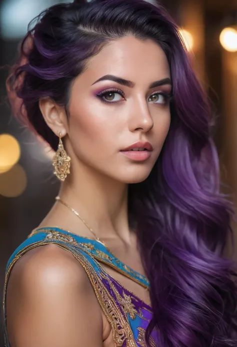 beautiful [color] hair moroccan adult girl, perfect round and purple ultrarealistic eyes, Pompadour Hairstyle, cinematic shot, photo taken by ARRI, photo taken by sony, photo taken by canon, photo taken by nikon, photo taken by hasselblad + incredibly detailed, sharpen, details + professional lighting, photography lighting + 50mm + lightroom gallery + behance photography + unsplash