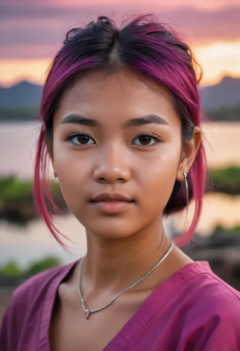 Generate a high-resolution, detailed, and colorful image that captures an 18-year-old cambodian Girl with a Micro Bangs hairstyle and magenta tinted hair. Her youthful energy and vibrant character should be particularly emphasized, making her the radiant centerpiece of the image. The background should depict a captivating landscape or scene that draws the viewer's attention to the girl. Optimize the lighting and composition to make the image particularly appealing and aesthetically pleasing. The image should be a masterful digital painting reminiscent of the quality and style of renowned artists.
