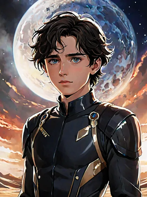 (Painted Anime), (Dune Universe:1.4), (Anime Film Cover:1.2), (Timothée Chalamet as Paul Atreides in Stillsuite:1.3) ((Front view.)), ((My Hero Academia art style)), (Eve art style:1.3), (cel shading, vintage anime:1.25), outline, white outline), art by atey ghailan, painterly anime style at pixiv, art by kantoku, in art style of redjuice/necömi/rella/tiv pixiv collab, your name anime art style, masterpiece digital painting, exquisite lighting and composition, inspired by wlop art style, 8k, sharp, very detailed, high resolution, illustration