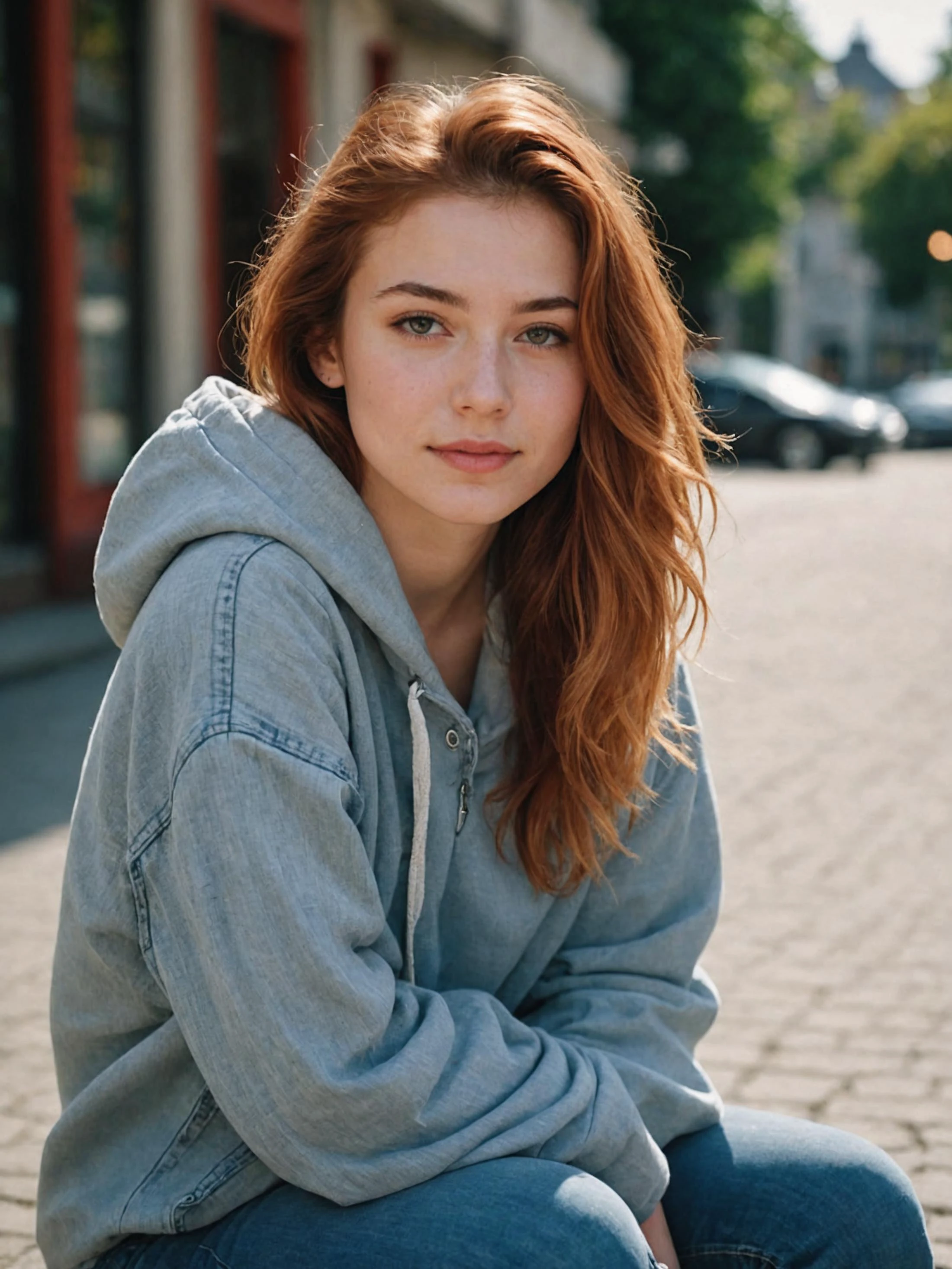 <comment:SUBJECT:0>
A 20 years old girl sitting in a "chin-on-knees" pose [SUBJECT],
<comment:DESCRIPTOR:0>
she should appear relaxed and thoughtful, perhaps lost in her own world, petite and very youthful vibrant face, red dyed hair, amber colored eyes, very attractive, denim jeans, greay hoody, german, black freckles, sunglasses in her hair, little smirk, small and beautiful nose, sensual but thin lips, long lashes, petite, cute, <comment:HAIR:0> long hair, curly hair, <comment:FACE:0> beautiful face, petite face, youthful face, cute face, nice joyful smile, excited gaze, flushed cheeks, nices contoured youthful cheeks, beautiful nose, perfect nose, small nose,
<comment:MEDIA:0>
shot on cinestill 800t 35mm film with a leica m9 Voigtländer 35mm classic, key visual, distopian lighting, character design, cinematic colorgrade, highly detailed fabric, subtle catchlight, 8k, photorealism
<comment:WEBSITE_ARTIST:0>
shot by Lisa Kristine
<comment:LORAs:0>
<comment:EMBEDDINGS:0>