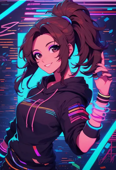 score_9, score_8_up, score_7_up, highly detailed, retrowave, 1girl, brown hair, high ponytail, long black eyelashes, violet eyeshadow, medium breasts, cute smile, brown eyes, glossy eyes, oversized black hoodie, black thights, arched back, dynamic pose, neon glow, dutch angle:1