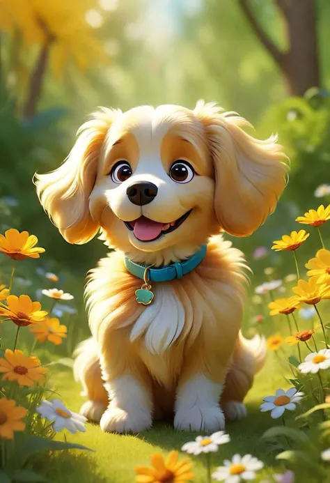 Compose a serene and captivating tale centered around the endearing fluffy cartoon dog as he ventures through a radiant summer wonderland. Envision a landscape where vibrant flowers sway gracefully in the warm breeze, the sun casts a golden hue on everything it touches, and the gentle hum of nature creates a harmonious backdrop. Illustrate his delightful escapades, encounters with whimsical summer creatures, and the palpable sense of warmth, happiness, and adventure that defines this sun-kissed paradise
 intense, photorealistic lighting and cinematic lighting quality,  (sharp focus), backlighting, photo realistic, highly  detailed,
a colorized photo, RAW format, 8K photorealistic image, superflat, 4k, ultra hd, high resolution , UHD, shot with a professional DSLR camera like Fujifilm XT3, Sony A7IV, Nikon D850, Sony A9 II, Canon EOS R5,
The final image should be a professional, award-winning masterpiece with (sharp focus:1.2),, (intricately detailed, hyperdetailed), HDR, (extremely detailed 8k wallpaper), high quality, intense, intricate, highly detailed, octane render, fine detail, ultra realistic, crisp, super sharp, studio quality, masterpiece, best quality, UHD, Film grain, photorealistic, trending on cg society