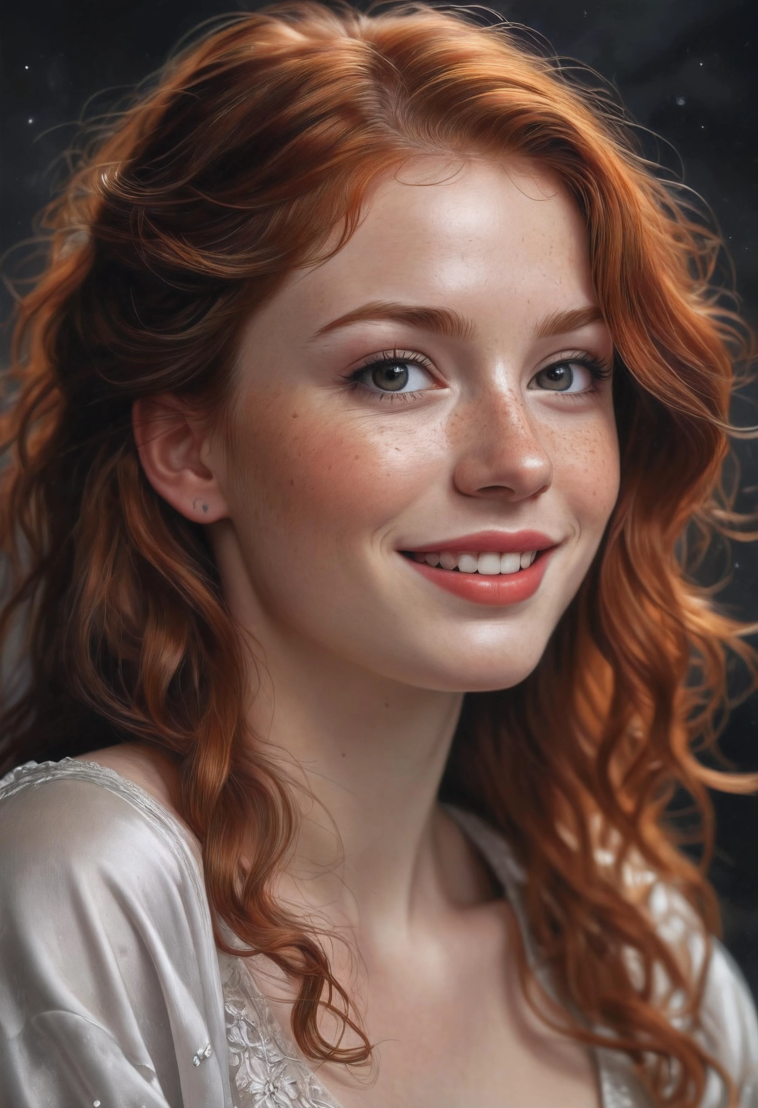breathtaking oil painting, (close up), (detailed redhead:1.3), freckles, 22 yo, prettiest, bright eyes, soft pale skin, (from side), wet red lipsticks, Russian, looking up, (one hand on hair:1.4), dental braces, happy smile, (looking at viewer), (intricately detailed soft night gown:1.2),, photorealistic oil painting, by charlie bowater, fine details, by wlop, trending on artstation, very detailed