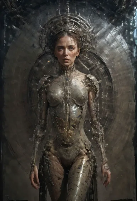 Space empress Zogrina from planet Tlallax in the Andromeda galaxy contemplating her empire from the windows of her galactic spaceship, beautiful troubled eyes, avant-garde latex armor, eldritch hat, indoors, inside a spaceship, ominous expression, Dark art in the style of Giger and Nicola Samori