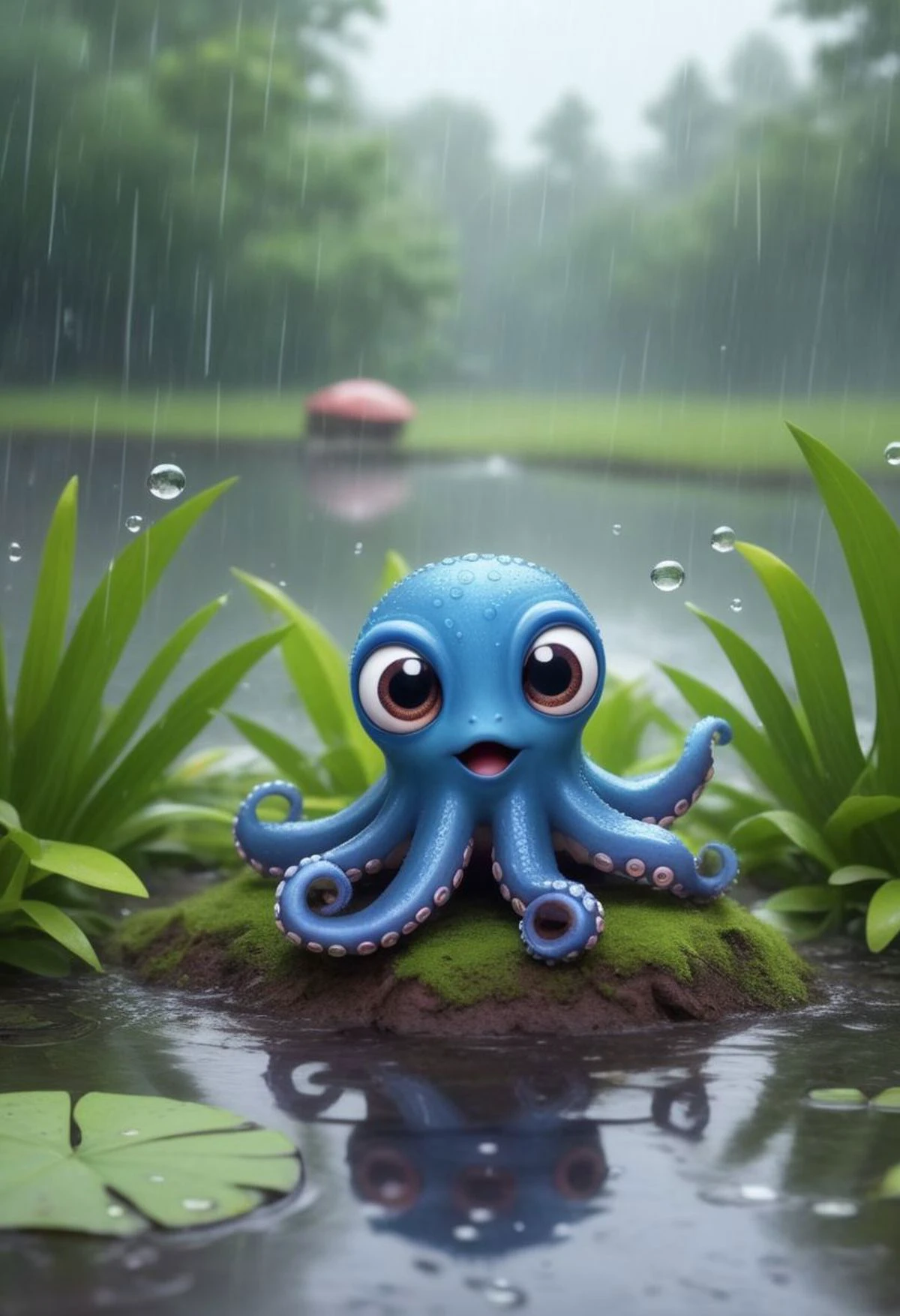 octopus, singing near a pond, on a raining day, frogs in the background, in the style of pixar, cuteness overload