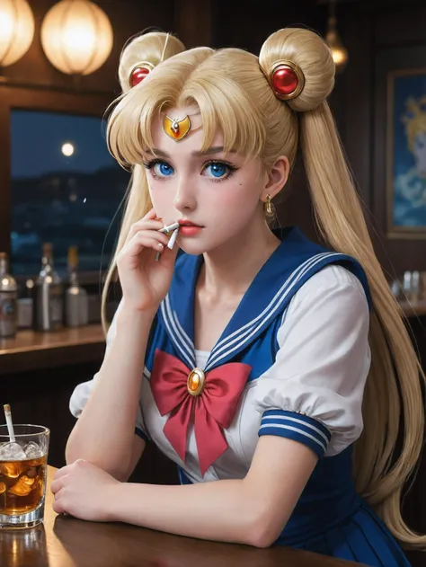 (Painted Anime), painterly anime artwork, painterly anime art, painterly, anime art, (masterpiece), 4k, best quality, (((Sailor Moon clearly exhausted from her life and smoking a cigarette in a bar to try to forget her sorrows))), ((big dark circles)), blue brilliant eyes, long blonde hair, pigtails, masterpiece, fine details, breathtaking artwork, painterly art style, high quality, 8k, very detailed, high resolution, exquisite composition and lighting